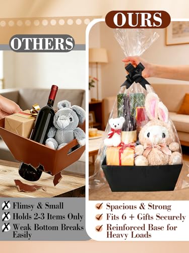 Beeplove 6 Sets Large Thick Kraft Baskets for Gifts Empty - Gift Baskets Empty Kit with Cellophane Wrap and Pull Bows for Wedding Birthday Bridesmaid Baby Shower, Black - Image 2