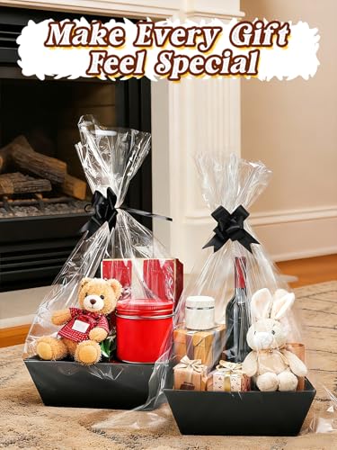 Beeplove 6 Sets Large Thick Kraft Baskets for Gifts Empty - Gift Baskets Empty Kit with Cellophane Wrap and Pull Bows for Wedding Birthday Bridesmaid Baby Shower, Black - Image 3