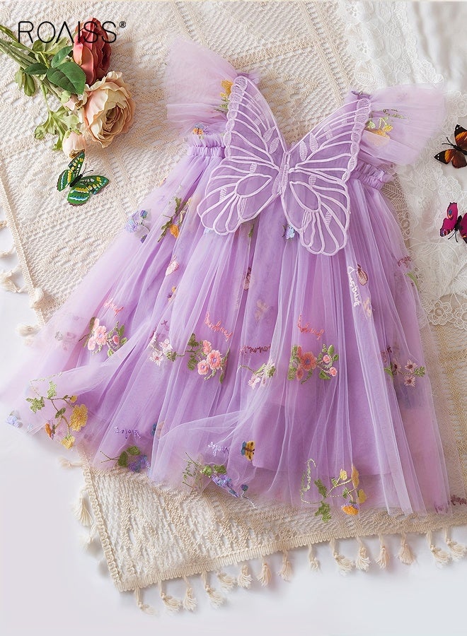 roaiss Girl's Summer Dress with Butterfly Wings Design, Retro Formal Dress, Elegant Stylish A Line Dress for Girls, Flower-patterned Embroidered Sundress, Suitable for Daily Wear or Any Occasion - Image 1