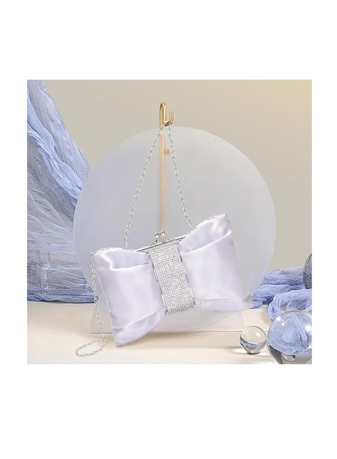 SOLARAE Women's Clutches Silver Satin Rhinestone Handbags with 2 Chains Shiny Bow Evening Clutch Bags Ladies Elegant Cross Body Bride Shoulder Bag for Wedding Party Prom Dinner 28x17cm - Image 4