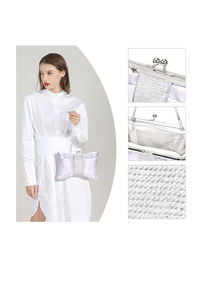 SOLARAE Women's Clutches Silver Satin Rhinestone Handbags with 2 Chains Shiny Bow Evening Clutch Bags Ladies Elegant Cross Body Bride Shoulder Bag for Wedding Party Prom Dinner 28x17cm - Image 2