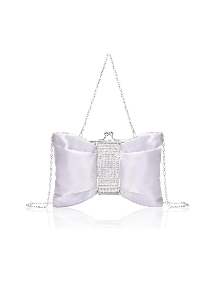 SOLARAE Women's Clutches Silver Satin Rhinestone Handbags with 2 Chains Shiny Bow Evening Clutch Bags Ladies Elegant Cross Body Bride Shoulder Bag for Wedding Party Prom Dinner 28x17cm - Image 1