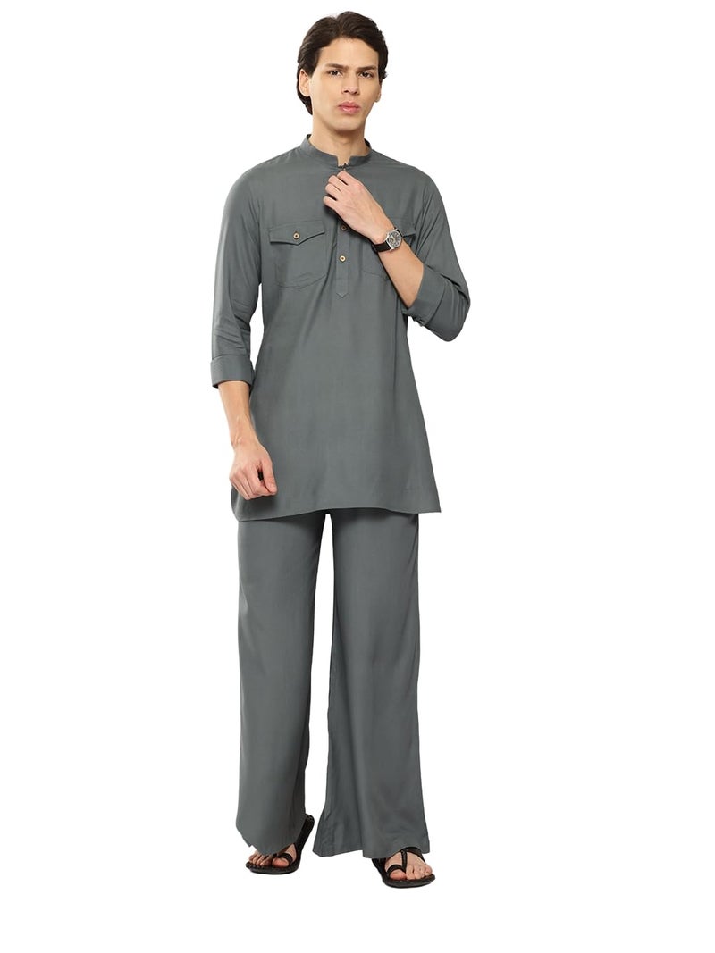 See Designs Men's Long Sleeve Curved Hem Mandarin Collar Grey Rayon Solid Pathani Sets - SDKT660M - Image 1