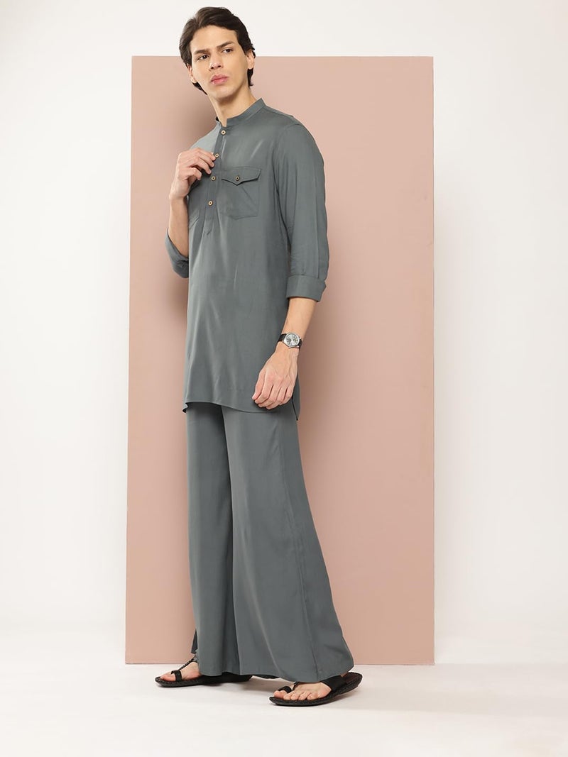 See Designs Men's Long Sleeve Curved Hem Mandarin Collar Grey Rayon Solid Pathani Sets - SDKT660M - Image 2