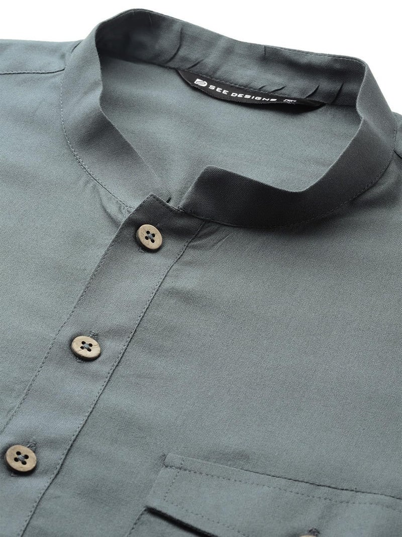 See Designs Men's Long Sleeve Curved Hem Mandarin Collar Grey Rayon Solid Pathani Sets - SDKT660M - Image 4