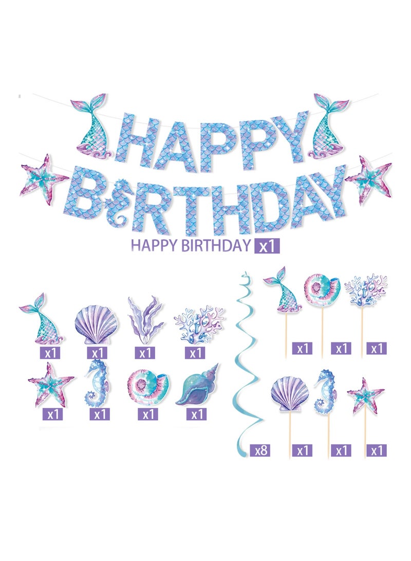 Excefore Mermaid Birthday Banner, Mermaid Birthday Decorations Happy Birthday Banner and Hanging Swirls For Girls And Boys, Baby Shower, Under The Sea Party Supplies - Image 3