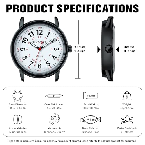 PINDOWS Women's Nurse Watch, 12/24 Hour Display, Luminous Dial, Soft Silicone Band, Waterproof to 30m - Image 5