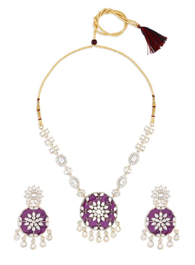 Zaveri Pearls طقم عقد وأقراط بتصميم زهري مرصع بأحجار زافيري بيرلز الأرجوانية والماس النمساوي المتلألئ - ZPFK17665 - Image 1