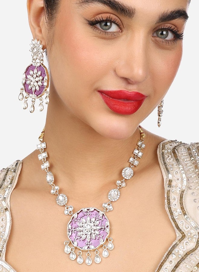 Zaveri Pearls طقم عقد وأقراط بتصميم زهري مرصع بأحجار زافيري بيرلز الأرجوانية والماس النمساوي المتلألئ - ZPFK17665 - Image 2