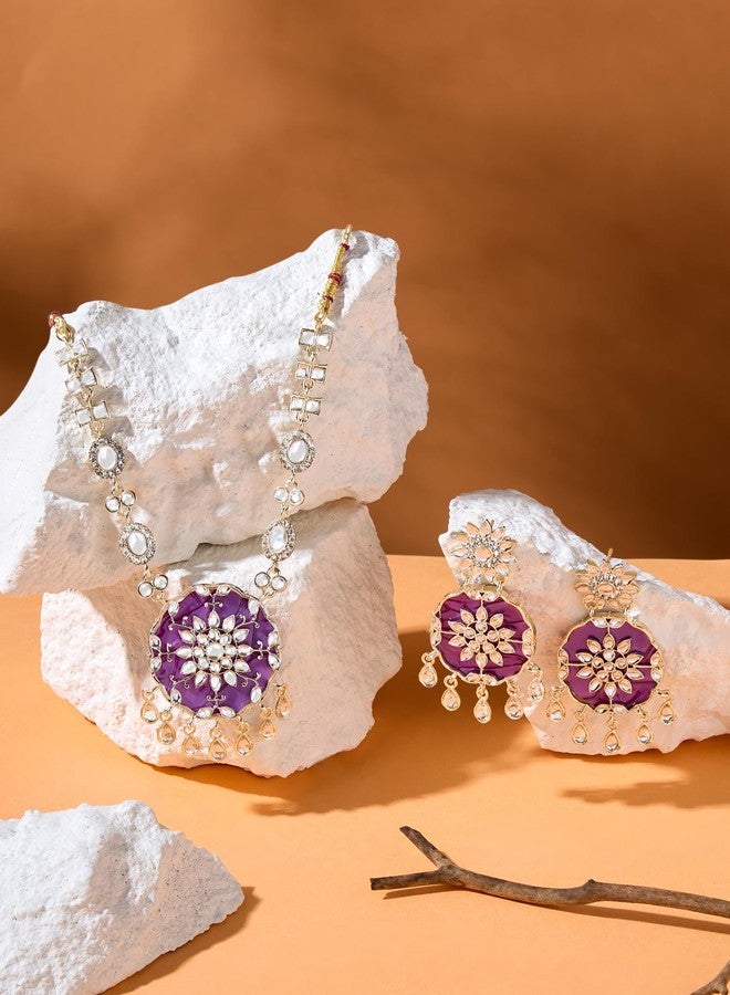 Zaveri Pearls طقم عقد وأقراط بتصميم زهري مرصع بأحجار زافيري بيرلز الأرجوانية والماس النمساوي المتلألئ - ZPFK17665 - Image 3