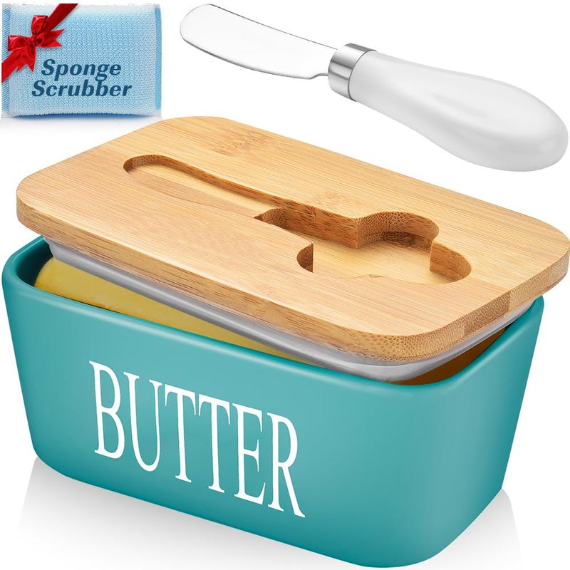 Butter Dish with Lid Large Butter Container for Countertop Ceramic Butter Holder for Counter Butter Tray Butter Keeper with Knife and Sponge Scrubber Perfect for 2 Sticks of Butter Green
