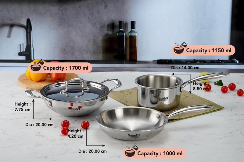 Sumeet Cook Smart TriPly Stainless Steel 4Pc Induction Base Cookware Set of Deep Kadai - 20cm - 1.7L, Frypan - 20Cm - 1 LTR, Saucepan - 14Cm - 1.150 LTR & Steel Lid, Pack of 4, Silver - Image 4
