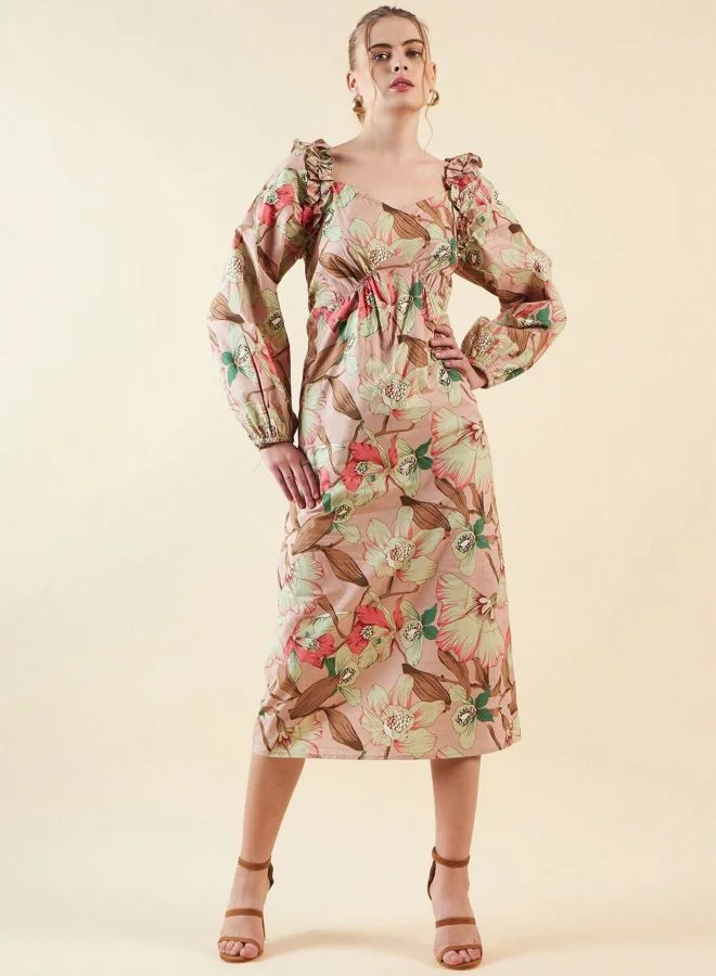 Freehand  Women Fit and Flared Floral Printed V-Neck Long Sleeve Ruffled Dress for Women | Best Price UAE