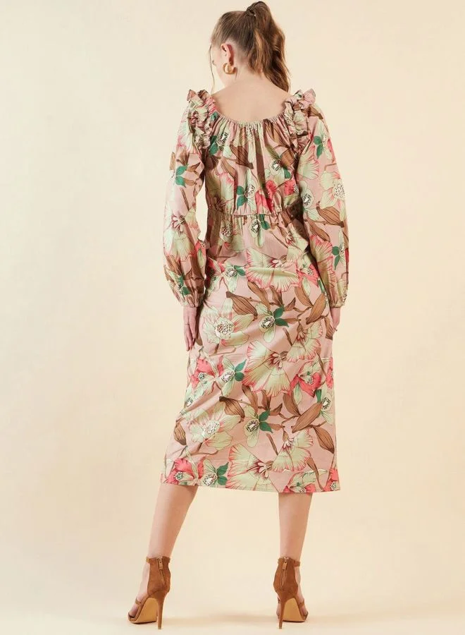 Freehand  Women Fit and Flared Floral Printed V-Neck Long Sleeve Ruffled Dress for Women | Best Price UAE