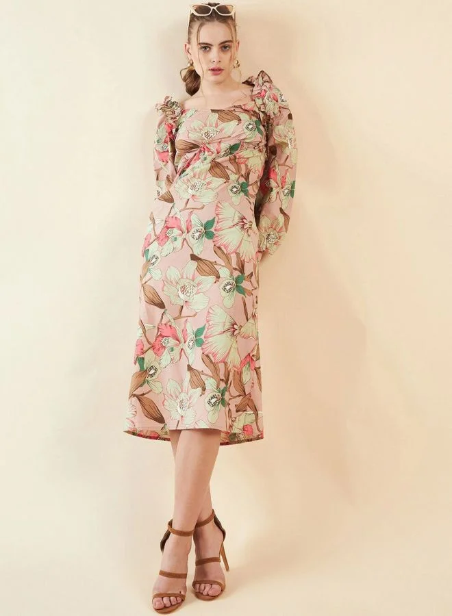 Women Fit and Flared Floral Printed V-Neck Long Sleeve Ruffled Dress