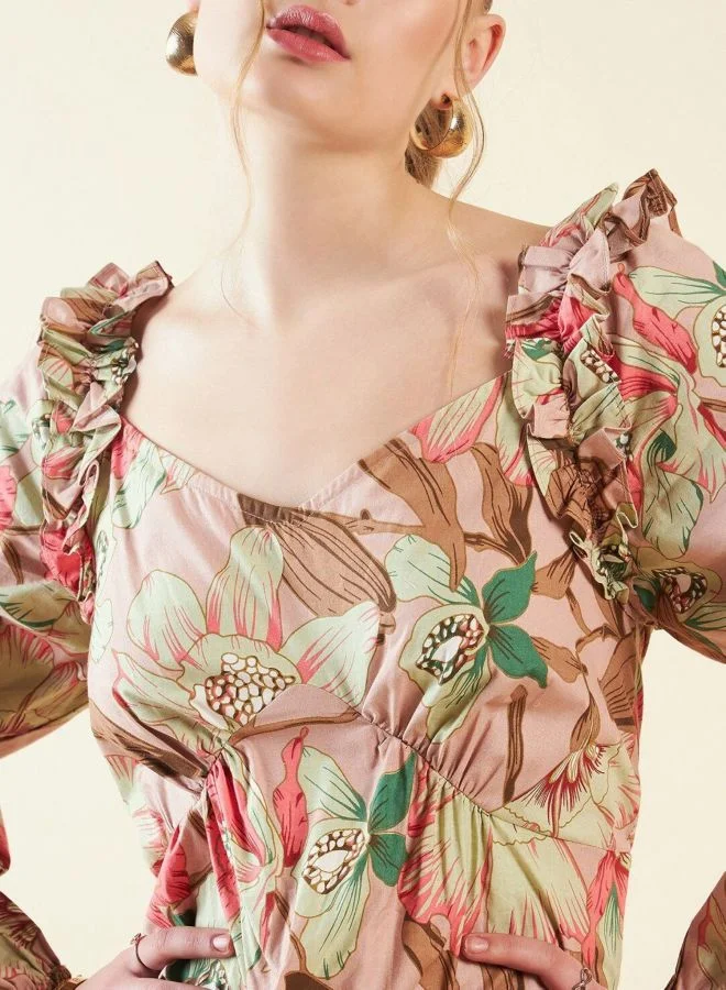 Freehand  Women Fit and Flared Floral Printed V-Neck Long Sleeve Ruffled Dress for Women | Best Price UAE