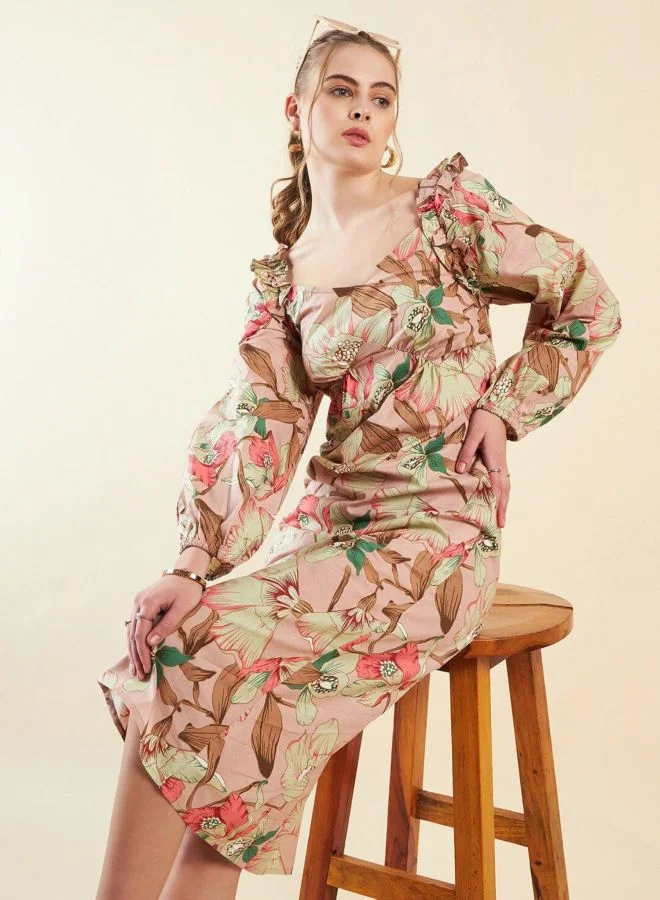 Freehand  Women Fit and Flared Floral Printed V-Neck Long Sleeve Ruffled Dress for Women | Best Price UAE