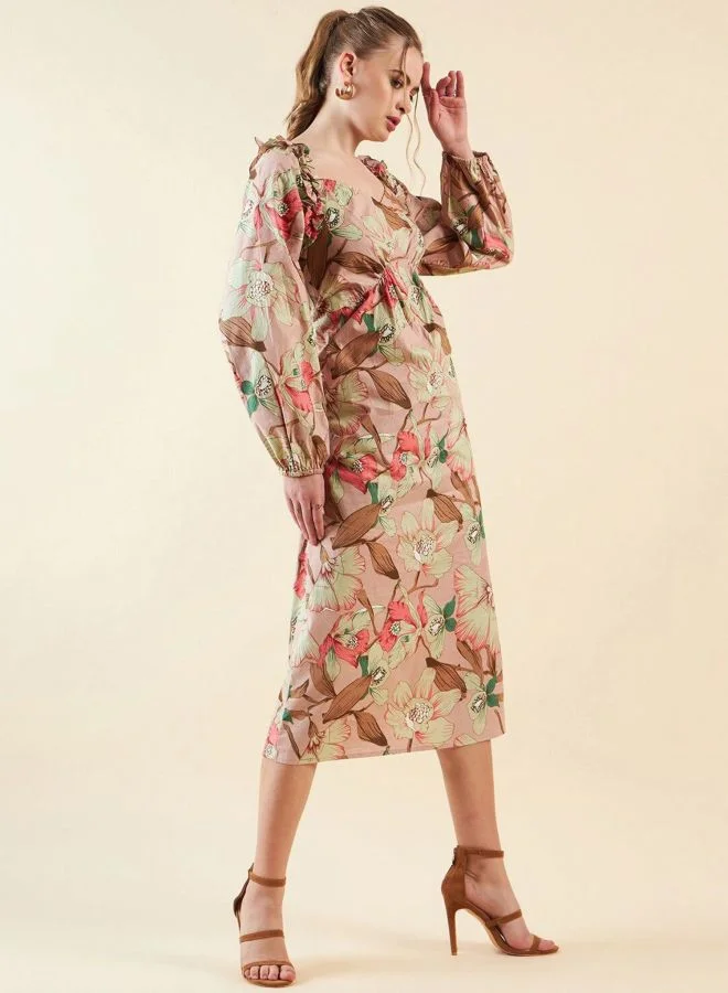 Freehand  Women Fit and Flared Floral Printed V-Neck Long Sleeve Ruffled Dress for Women | Best Price UAE