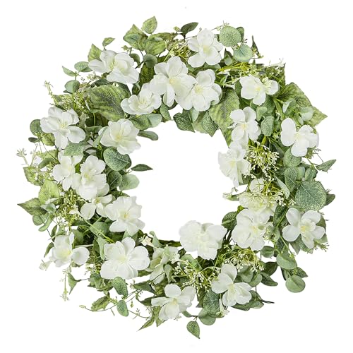 YNYLCHMX 18" Spring Summer Wreaths for Front Door, Artificial Floral Wreath with White Rose Flowers Green Eucalyptus Leaves, Green Foliage Wreath for Wall Window Farmhouse Party Holiday Home Decor - Image 1