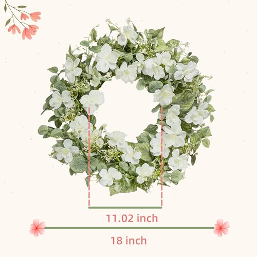YNYLCHMX 18" Spring Summer Wreaths for Front Door, Artificial Floral Wreath with White Rose Flowers Green Eucalyptus Leaves, Green Foliage Wreath for Wall Window Farmhouse Party Holiday Home Decor - Image 2