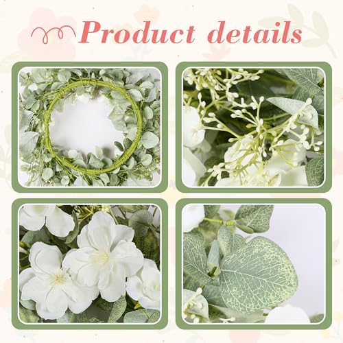 YNYLCHMX 18" Spring Summer Wreaths for Front Door, Artificial Floral Wreath with White Rose Flowers Green Eucalyptus Leaves, Green Foliage Wreath for Wall Window Farmhouse Party Holiday Home Decor - Image 4