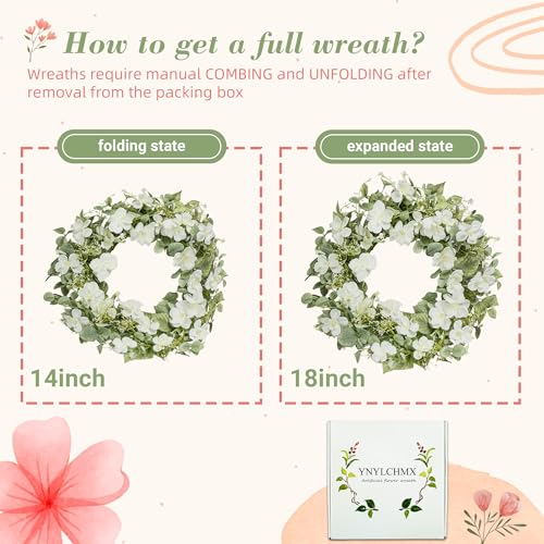 YNYLCHMX 18" Spring Summer Wreaths for Front Door, Artificial Floral Wreath with White Rose Flowers Green Eucalyptus Leaves, Green Foliage Wreath for Wall Window Farmhouse Party Holiday Home Decor - Image 3