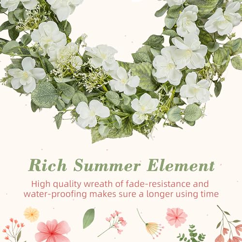 YNYLCHMX 18" Spring Summer Wreaths for Front Door, Artificial Floral Wreath with White Rose Flowers Green Eucalyptus Leaves, Green Foliage Wreath for Wall Window Farmhouse Party Holiday Home Decor - Image 5