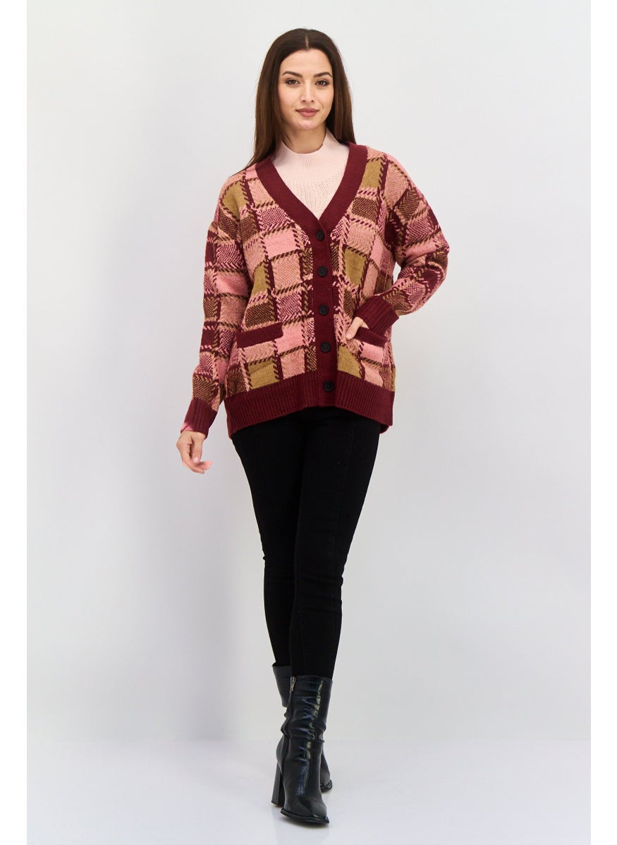 Black Tape - Women V Neck Long Sleeve All Over Printed Cardigan, Burgundy - Image 1