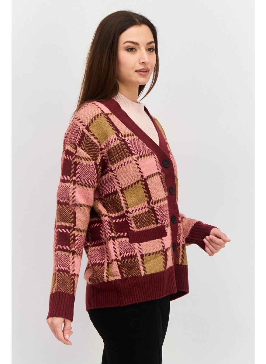 Black Tape - Women V Neck Long Sleeve All Over Printed Cardigan, Burgundy - Image 1