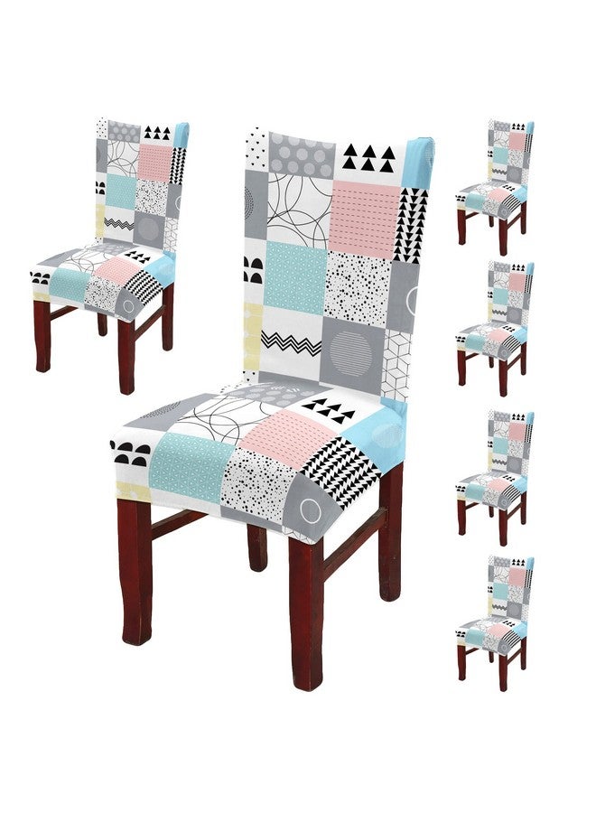 BRIDA Polyester Spandex Stretchable Floral Geometric Printed Dining Chair Covers Elastic Chair Seat Case Protector, Slipcovers (6 Chair Cover, Quilt Square), Multicolor - Image 1