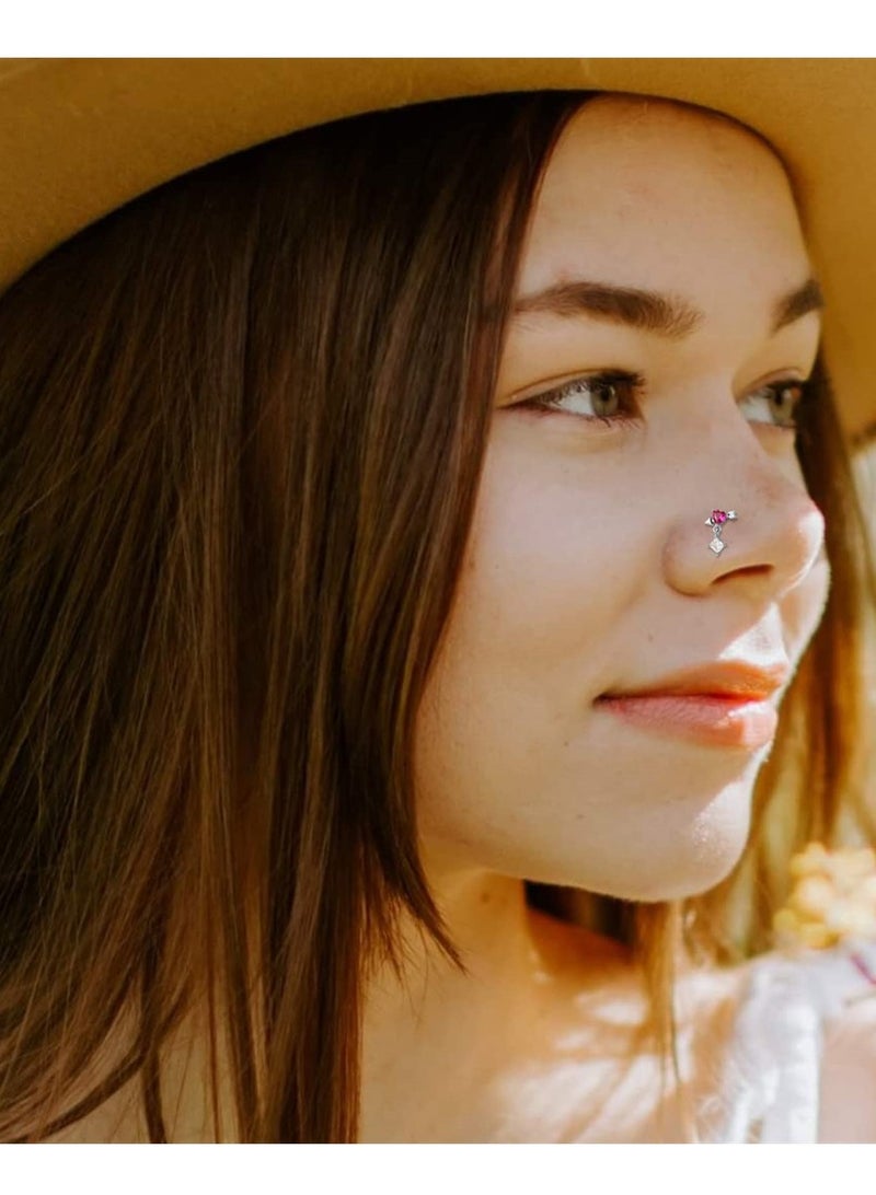 SYOSI 9 Pcs 20G Dangle Nose Rings Studs for Women Stainless Steel L Shaped Nose Studs Heart Arrow Feather Snowflake Wing CZ Dangling Nose Piercing Jewelry - Image 3