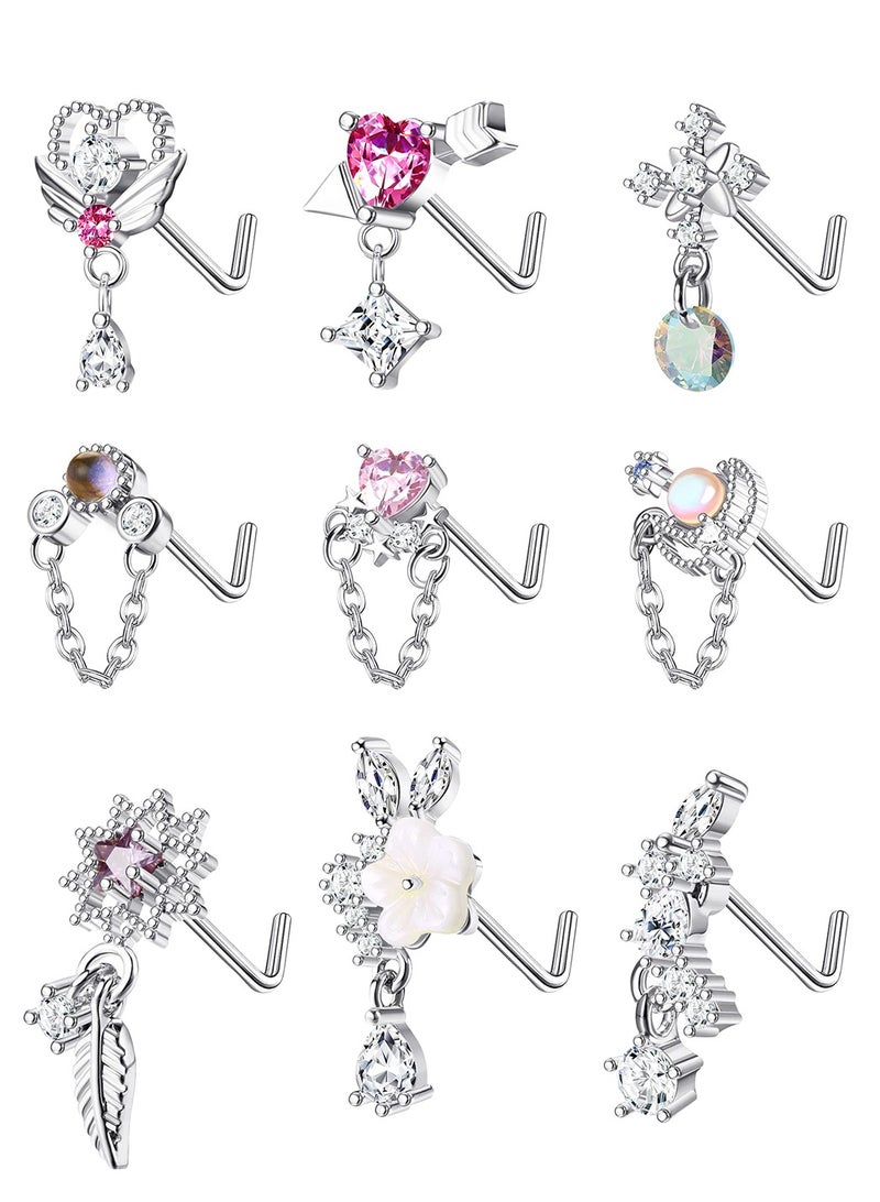 SYOSI 9 Pcs 20G Dangle Nose Rings Studs for Women Stainless Steel L Shaped Nose Studs Heart Arrow Feather Snowflake Wing CZ Dangling Nose Piercing Jewelry - Image 1