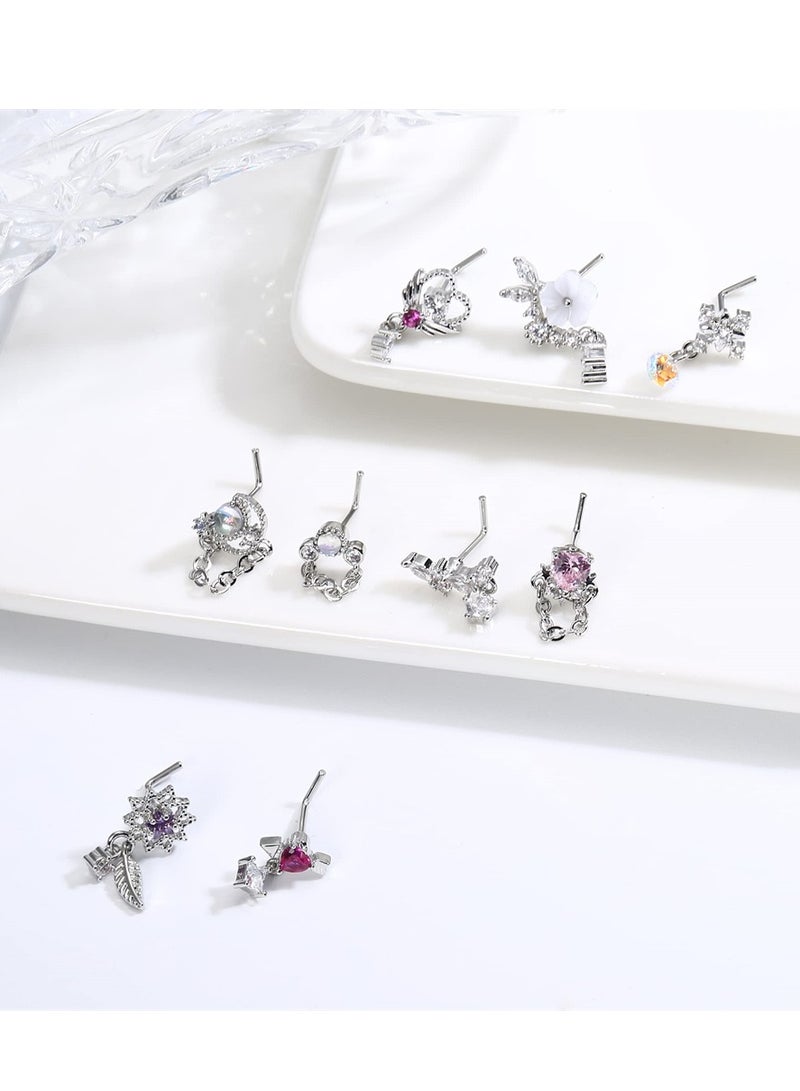 SYOSI 9 Pcs 20G Dangle Nose Rings Studs for Women Stainless Steel L Shaped Nose Studs Heart Arrow Feather Snowflake Wing CZ Dangling Nose Piercing Jewelry - Image 2