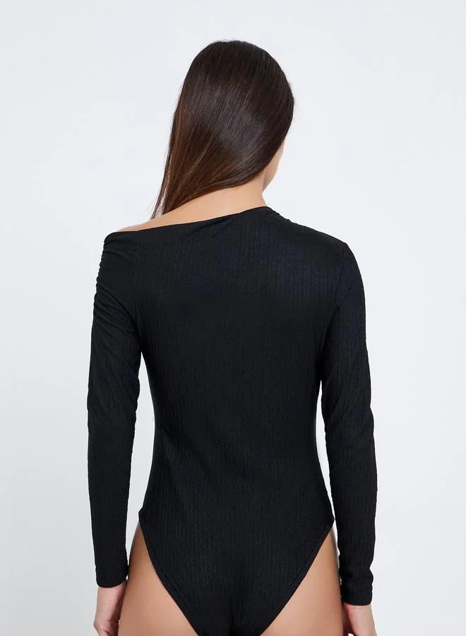 Styli  Styli Black Textured One-Shoulder Bodysuit for Women | Best Price UAE