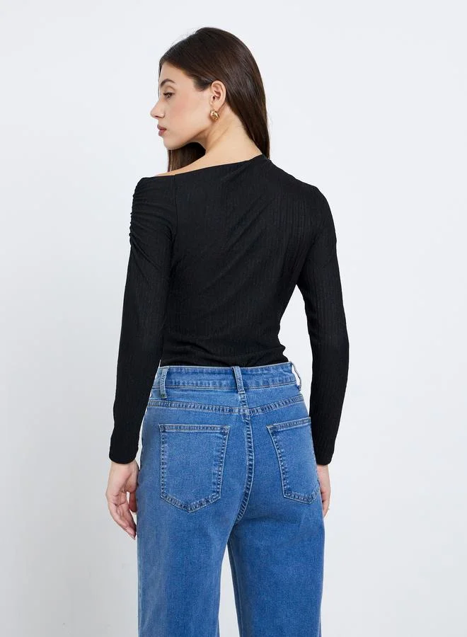 Styli  Styli Black Textured One-Shoulder Bodysuit for Women | Best Price UAE