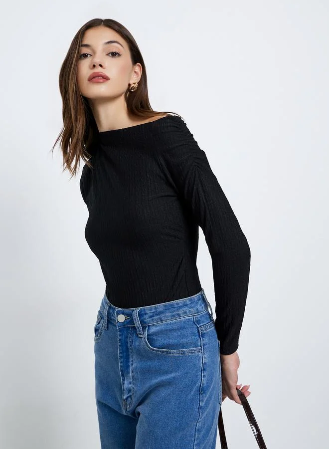 Styli  Styli Black Textured One-Shoulder Bodysuit for Women | Best Price UAE
