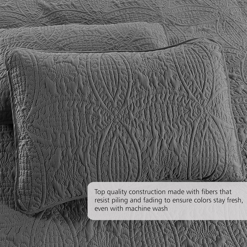 Pure Bedding Quilt Set King/Cal King/California King Size Dark Grey - Oversized Bedspread - Soft Microfiber Lightweight Coverlet for All Season - 3 Piece Includes 1 Quilt and 2 Shams, Geometric Pattern - Image 3