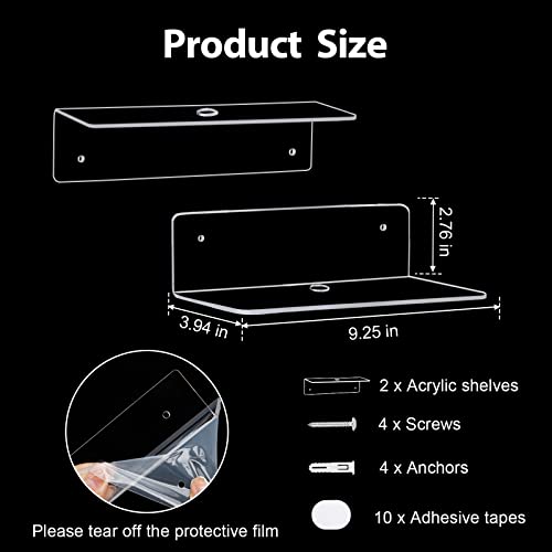 luium 9 Inch Clear Acrylic Floating Shelf, No Drill Adhesive Wall Shelf Set of 2 for Storage, Floating Shelves Damage-Free Expand Wall Space for Living Room, Office, Gaming Room, Bathroom - Image 2