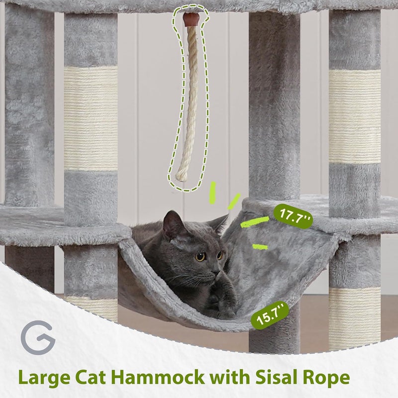 Tall Cat Tree, Large Cat Tower for Adult Cats, 80.7'' (205cm) Heavy-duty Cat Tree House for Indoor Cats 20 lbs+, 2 Top Perches/Condos, Hammcok, 15 Scratching Posts, Light gray GCT034W - Image 4