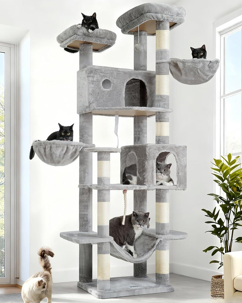 Tall Cat Tree, Large Cat Tower for Adult Cats, 80.7'' (205cm) Heavy-duty Cat Tree House for Indoor Cats 20 lbs+, 2 Top Perches/Condos, Hammcok, 15 Scratching Posts, Light gray GCT034W - Image 1