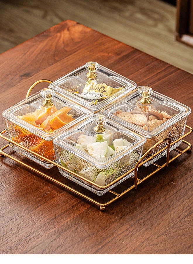 4-صينية زجاجية للوجبات الخفيفة مكونة من 4 حجرات زجاجية، طبق فواكه معدني من الحبوب، طبق حلوى الفواكه المجففة والمكسرات بحواف ذهبية، مكسرات أنيقة - Image 1