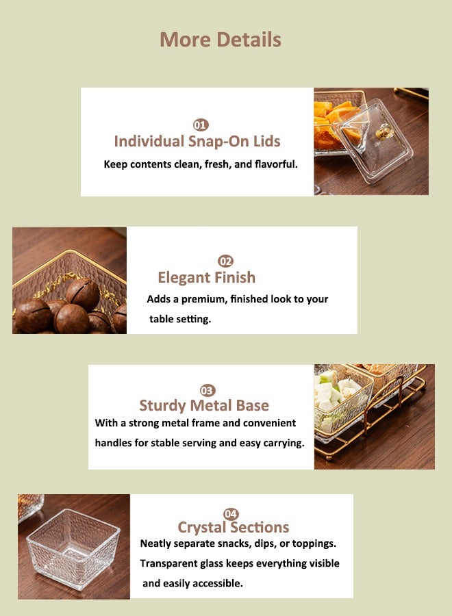 4-صينية زجاجية للوجبات الخفيفة مكونة من 4 حجرات زجاجية، طبق فواكه معدني من الحبوب، طبق حلوى الفواكه المجففة والمكسرات بحواف ذهبية، مكسرات أنيقة - Image 5