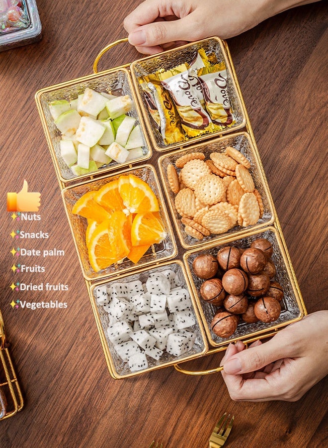 4-صينية زجاجية للوجبات الخفيفة مكونة من 4 حجرات زجاجية، طبق فواكه معدني من الحبوب، طبق حلوى الفواكه المجففة والمكسرات بحواف ذهبية، مكسرات أنيقة - Image 4