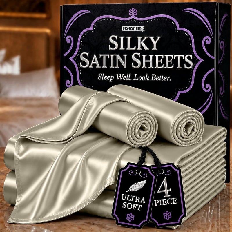 DECOLURE Satin Sheets King Size Set 4 Pcs - Silky & Luxuriously Soft Satin Bed Sheets w/ 15 inch Deep Pocket - Similar to Silk Sheets - Double Stitching, Wrinkle Free (Taupe) - Image 1