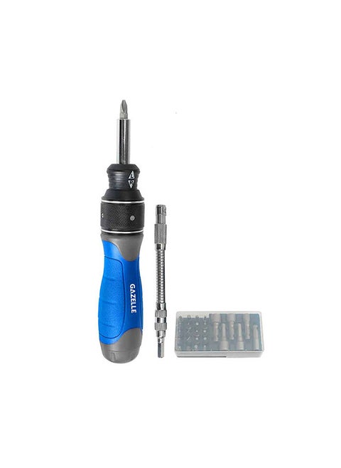 28 Piece Dual-Drive Ratchet Screwdriver Set With Phillips, Hex, Square, Torx And Sockets Bits, Thumb Switch Reverse Gear, Slip Resistant Rubber Grip