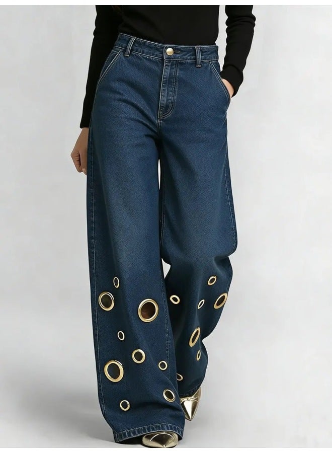 New High-Waisted Loose Pants with Hollow Metal Eyelet Design