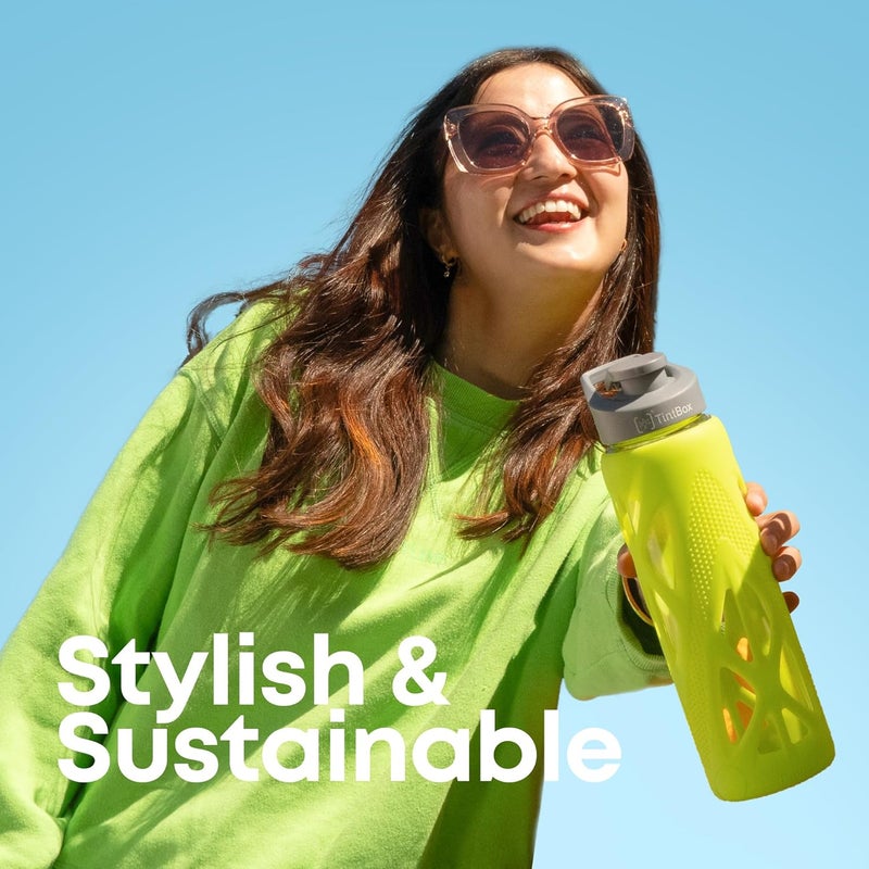 TintBox Borosilicate Glass Water Bottle with Silicone Sleeve | as seen on Shark Tank | perfect for Office, Home, Fridge, Gym, Travel | BPA Free | Atomic Green | 750ml - Image 4