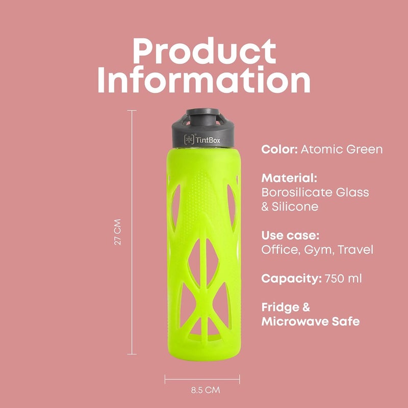 TintBox Borosilicate Glass Water Bottle with Silicone Sleeve | as seen on Shark Tank | perfect for Office, Home, Fridge, Gym, Travel | BPA Free | Atomic Green | 750ml - Image 3