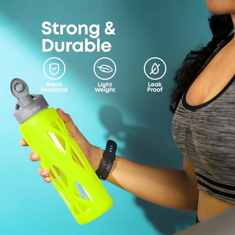TintBox Borosilicate Glass Water Bottle with Silicone Sleeve | as seen on Shark Tank | perfect for Office, Home, Fridge, Gym, Travel | BPA Free | Atomic Green | 750ml - Image 5