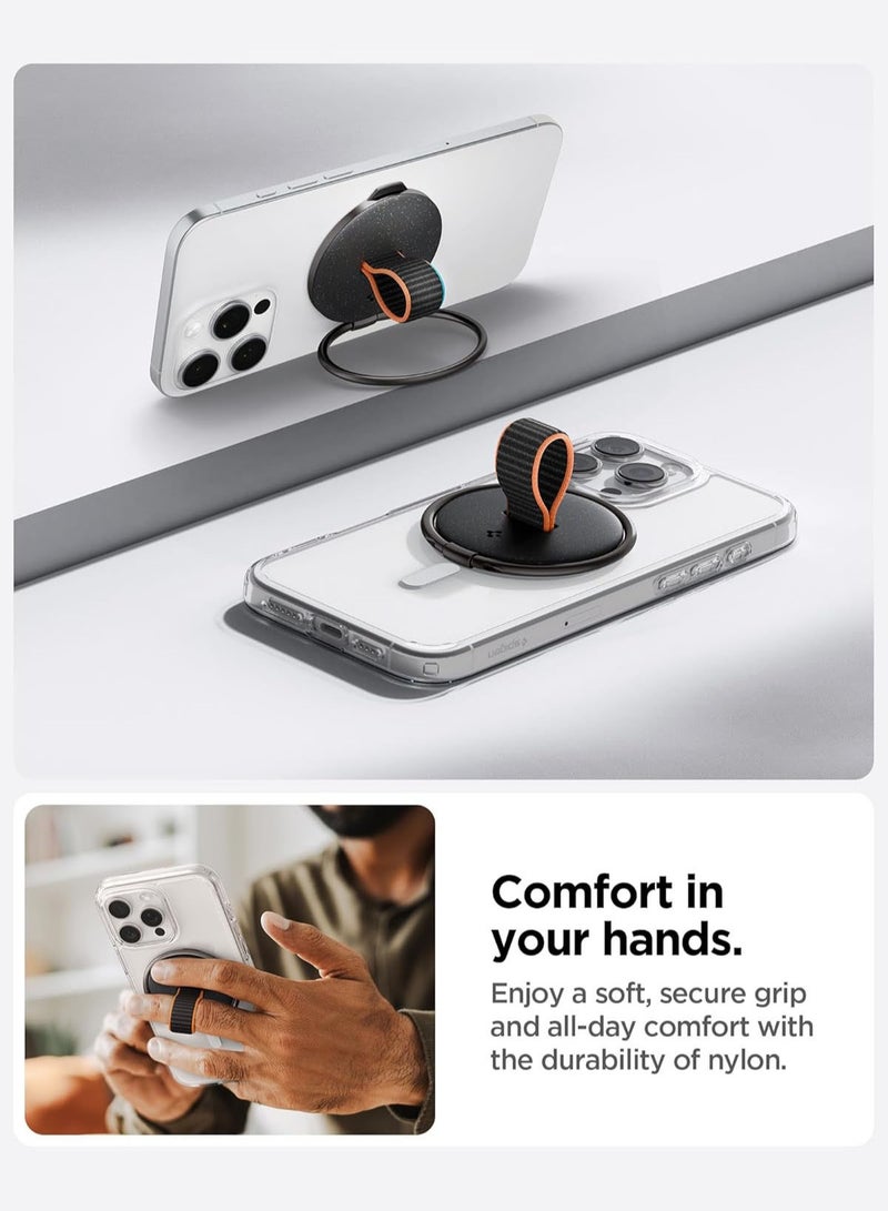 Spigen حلقة O-Mag (MagFit) حامل هاتف مغناطيسي مع حزام نايلون متين [حلقة إصبع] وقابل للتعديل [حامل] متوافق مع MagSafe لهاتف iPhone 16 15 14 13 12 سلسلة OM104 - أسود - Image 2